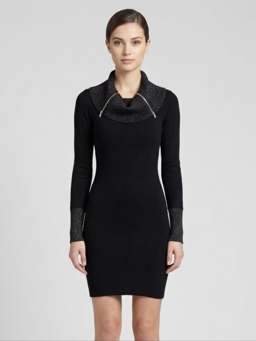 Black Long-Sleeve Cowl Neck Sweater Dress